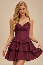 Rutipo Cabernet A-line Cowl Neck Tiered Flirty Ruffle Homecoming Dress