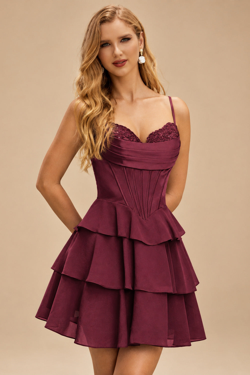 Rutipo Cabernet A-line Cowl Neck Tiered Flirty Ruffle Homecoming Dress