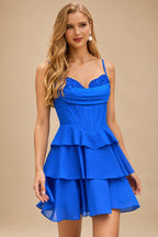 Rutipo Ocean Blue A-line Cowl Neck Tiered Flirty Ruffle Homecoming Dress