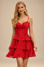 Rutipo Red A-line Cowl Neck Tiered Flirty Ruffle Homecoming Dress
