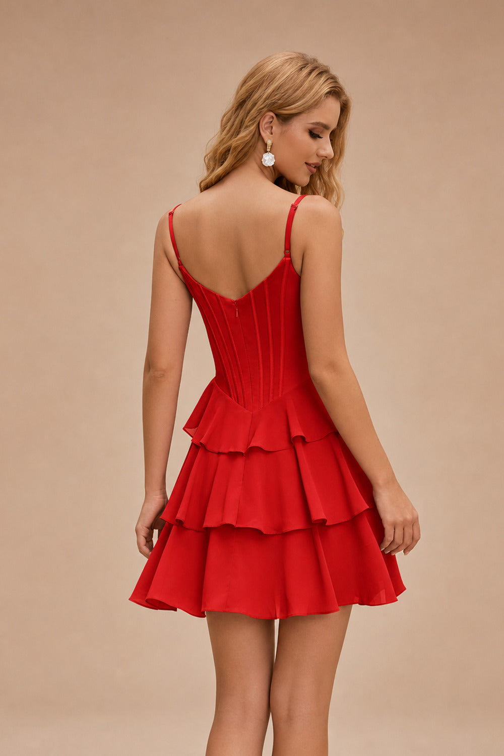 Rutipo Red A-line Cowl Neck Tiered Flirty Ruffle Homecoming Dress