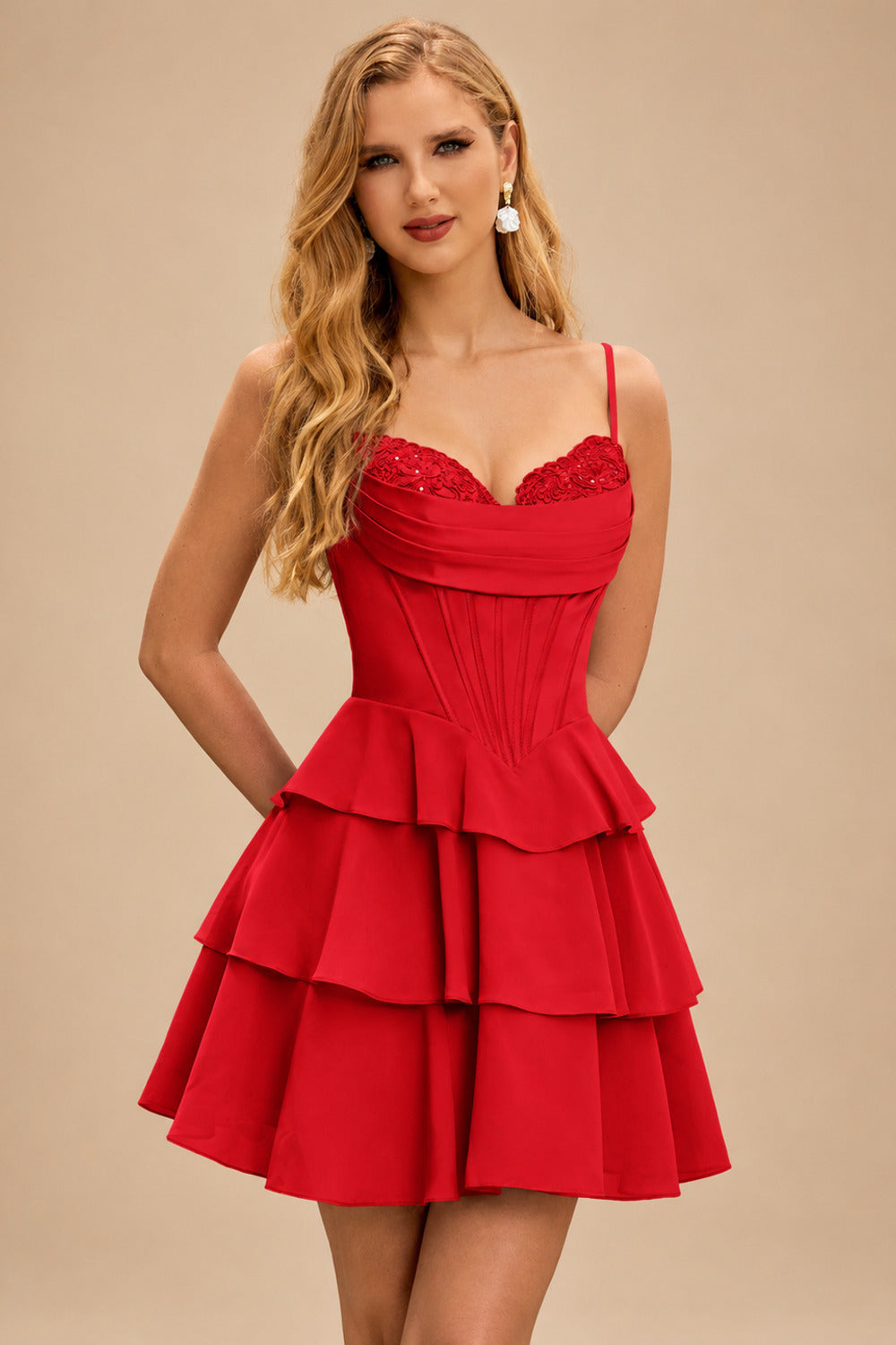 Rutipo Red A-line Cowl Neck Tiered Flirty Ruffle Homecoming Dress
