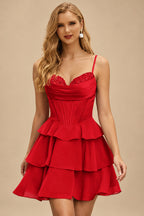 Rutipo Red A-line Cowl Neck Tiered Flirty Ruffle Homecoming Dress