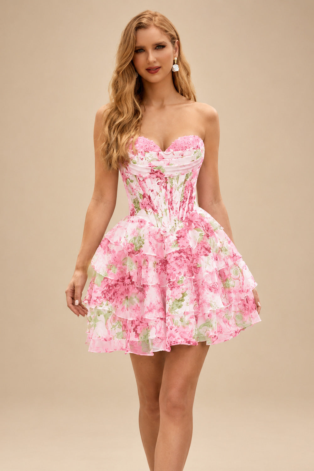 Rutipo Azalea Floral A-line Cowl Neck Pink Floral Print Strapless Ruffle Corset Homecoming Dress