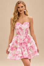 Rutipo Azalea Floral A-line Cowl Neck Pink Floral Print Strapless Ruffle Corset Homecoming Dress