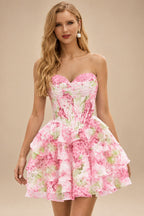 Rutipo Azalea Floral A-line Cowl Neck Pink Floral Print Strapless Ruffle Corset Homecoming Dress