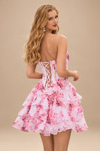 Rutipo Blushing Pink Floral A-line Cowl Neck Pink Floral Print Strapless Ruffle Corset Homecoming Dress