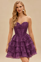 Rutipo Grape Floral A-line Cowl Neck Pink Floral Print Strapless Ruffle Corset Homecoming Dress