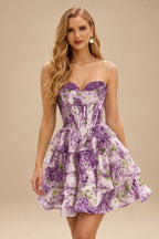 Rutipo Grape Floral A-line Cowl Neck Pink Floral Print Strapless Ruffle Corset Homecoming Dress
