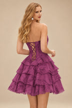 Rutipo Purple Floral A-line Cowl Neck Pink Floral Print Strapless Ruffle Corset Homecoming Dress