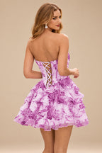 Rutipo Purple Floral A-line Cowl Neck Pink Floral Print Strapless Ruffle Corset Homecoming Dress