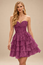 Rutipo Purple Floral A-line Cowl Neck Pink Floral Print Strapless Ruffle Corset Homecoming Dress