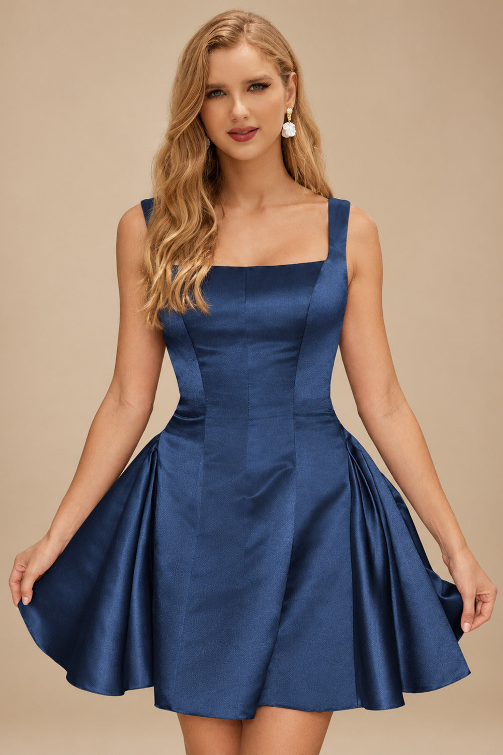 Rutipo Navy Blue A-line Bateau Vibrant Satin Fit-and-Flare Homecoming Dress