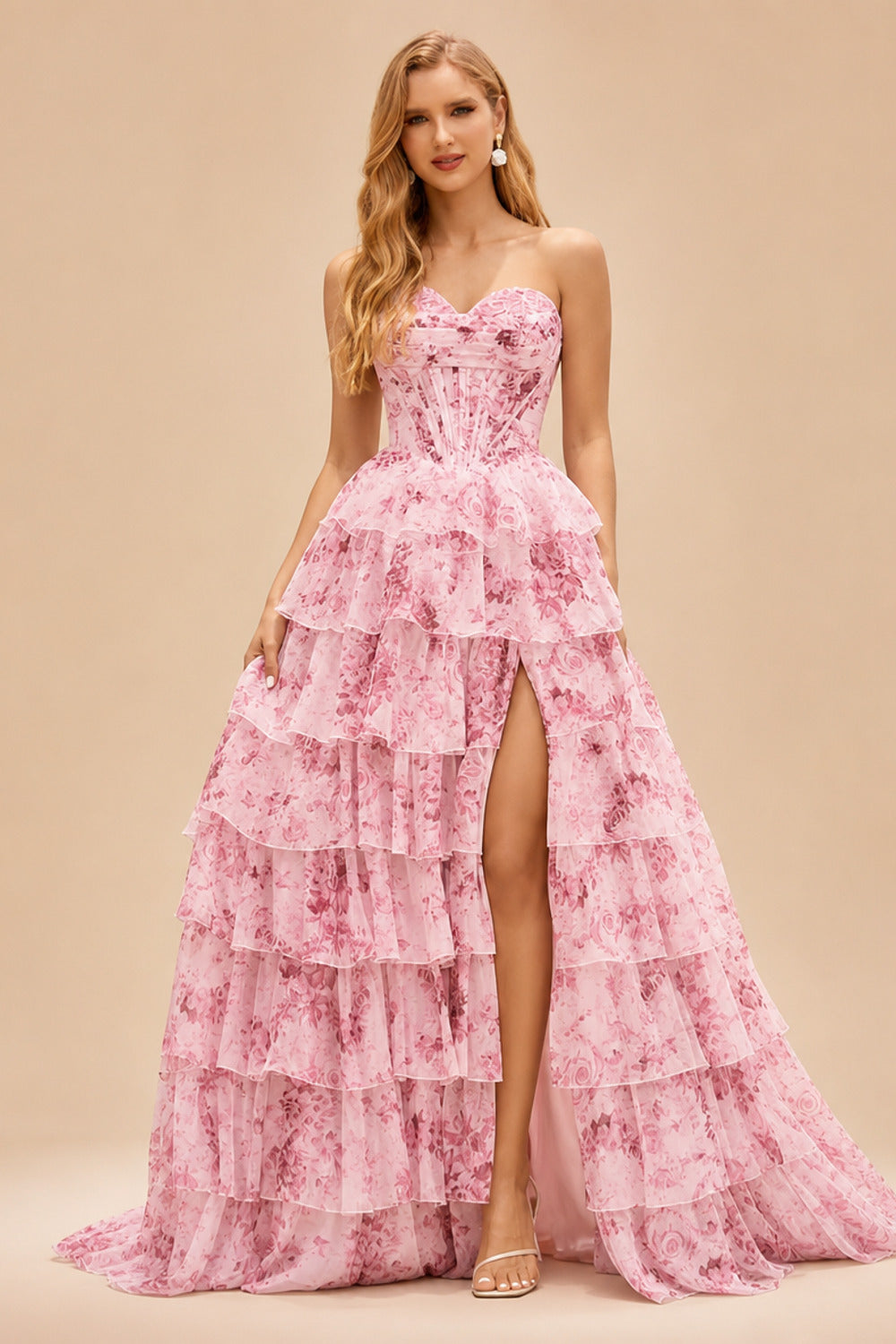 Rutipo Blushing Pink Floral A-line Floral Print Strapless Corset Tiered Ruffle Chiffon Prom Gown with Slit