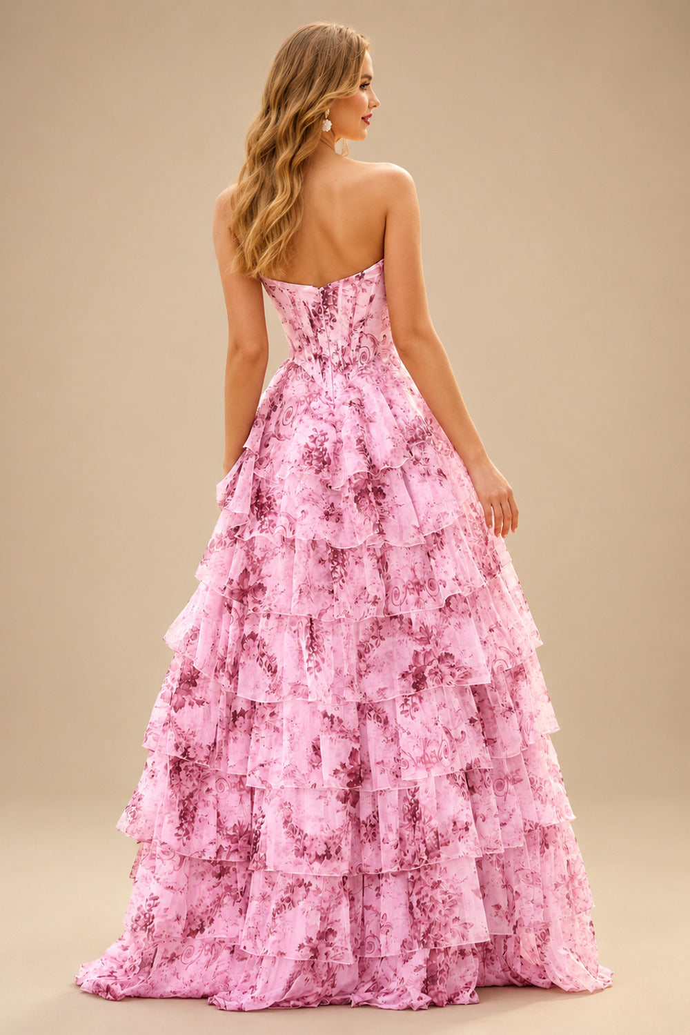 Rutipo Blushing Pink Floral A-line Floral Print Strapless Corset Tiered Ruffle Chiffon Prom Gown with Slit