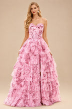 Rutipo Blushing Pink Floral A-line Floral Print Strapless Corset Tiered Ruffle Chiffon Prom Gown with Slit