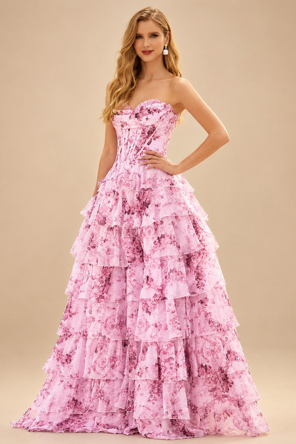 Rutipo Blushing Pink Floral A-line Floral Print Strapless Corset Tiered Ruffle Chiffon Prom Gown with Slit