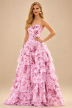 Rutipo Blushing Pink Floral A-line Floral Print Strapless Corset Tiered Ruffle Chiffon Prom Gown with Slit