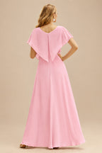 Rutipo Blushing Pink Floral A-line Floral Print Strapless Corset Tiered Ruffle Chiffon Prom Gown with Slit