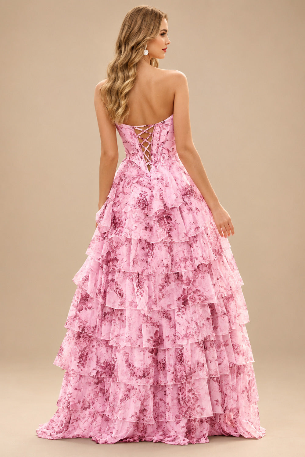 Rutipo Blushing Pink Floral A-line Floral Print Strapless Corset Tiered Ruffle Chiffon Prom Gown with Slit