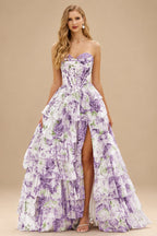 Rutipo Grape Floral A-line Floral Print Strapless Corset Tiered Ruffle Chiffon Prom Gown with Slit