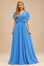 Rutipo Ocean Blue Floral A-line Floral Print Strapless Corset Tiered Ruffle Chiffon Prom Gown with Slit