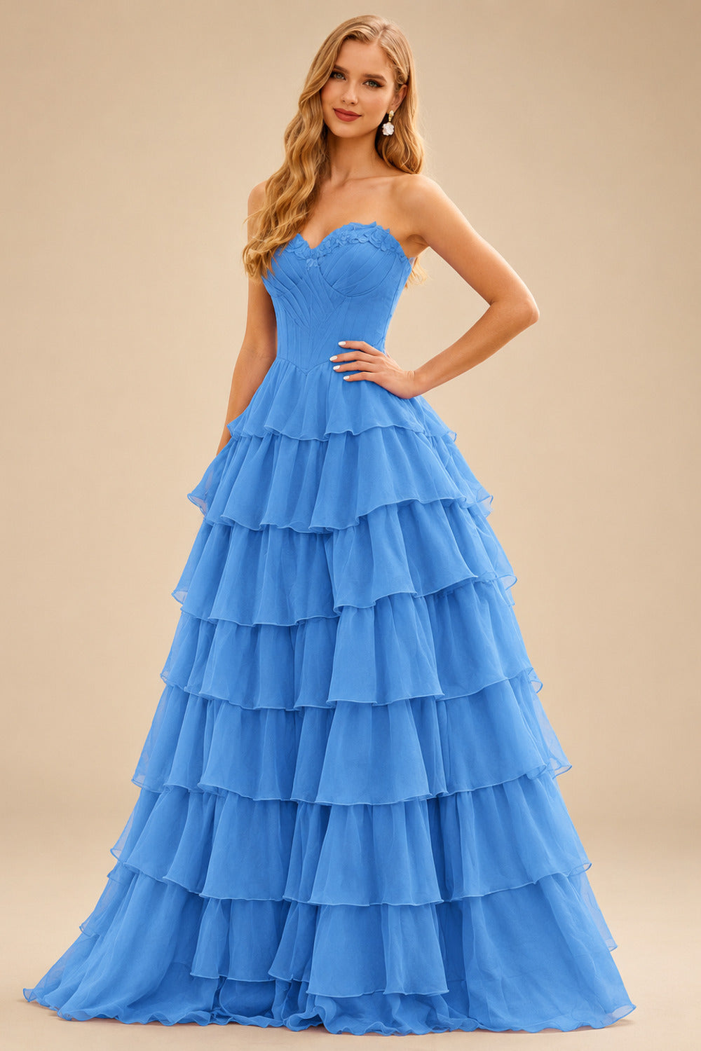 Rutipo Ocean Blue Floral A-line Floral Print Strapless Corset Tiered Ruffle Chiffon Prom Gown with Slit