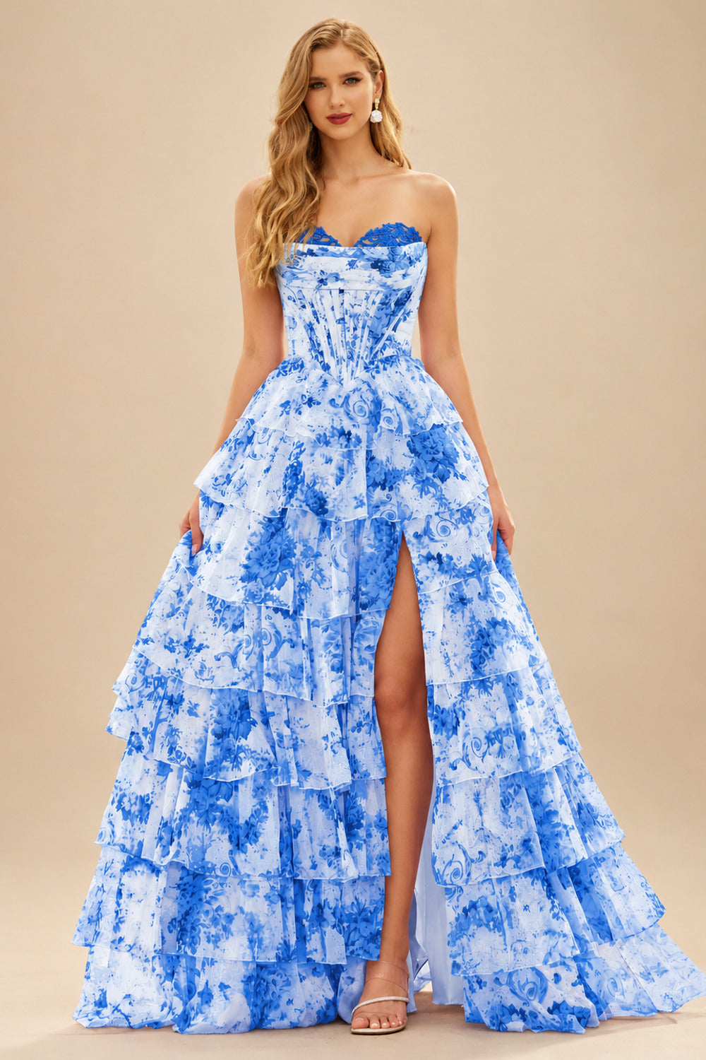 Rutipo Ocean Blue Floral A-line Floral Print Strapless Corset Tiered Ruffle Chiffon Prom Gown with Slit