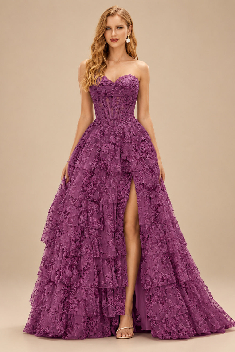 Rutipo Purple Floral A-line Floral Print Strapless Corset Tiered Ruffle Chiffon Prom Gown with Slit