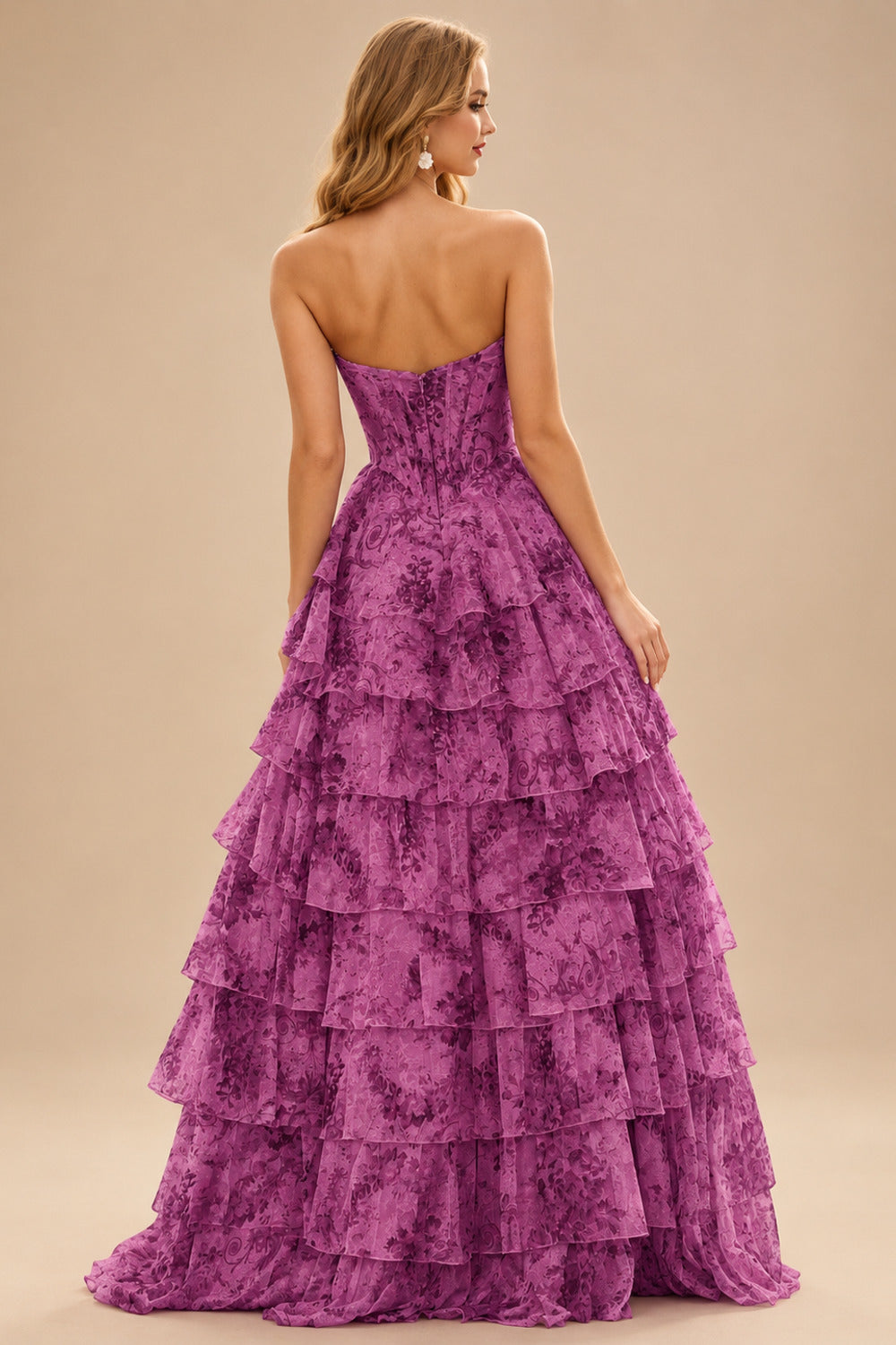 Rutipo Purple Floral A-line Floral Print Strapless Corset Tiered Ruffle Chiffon Prom Gown with Slit