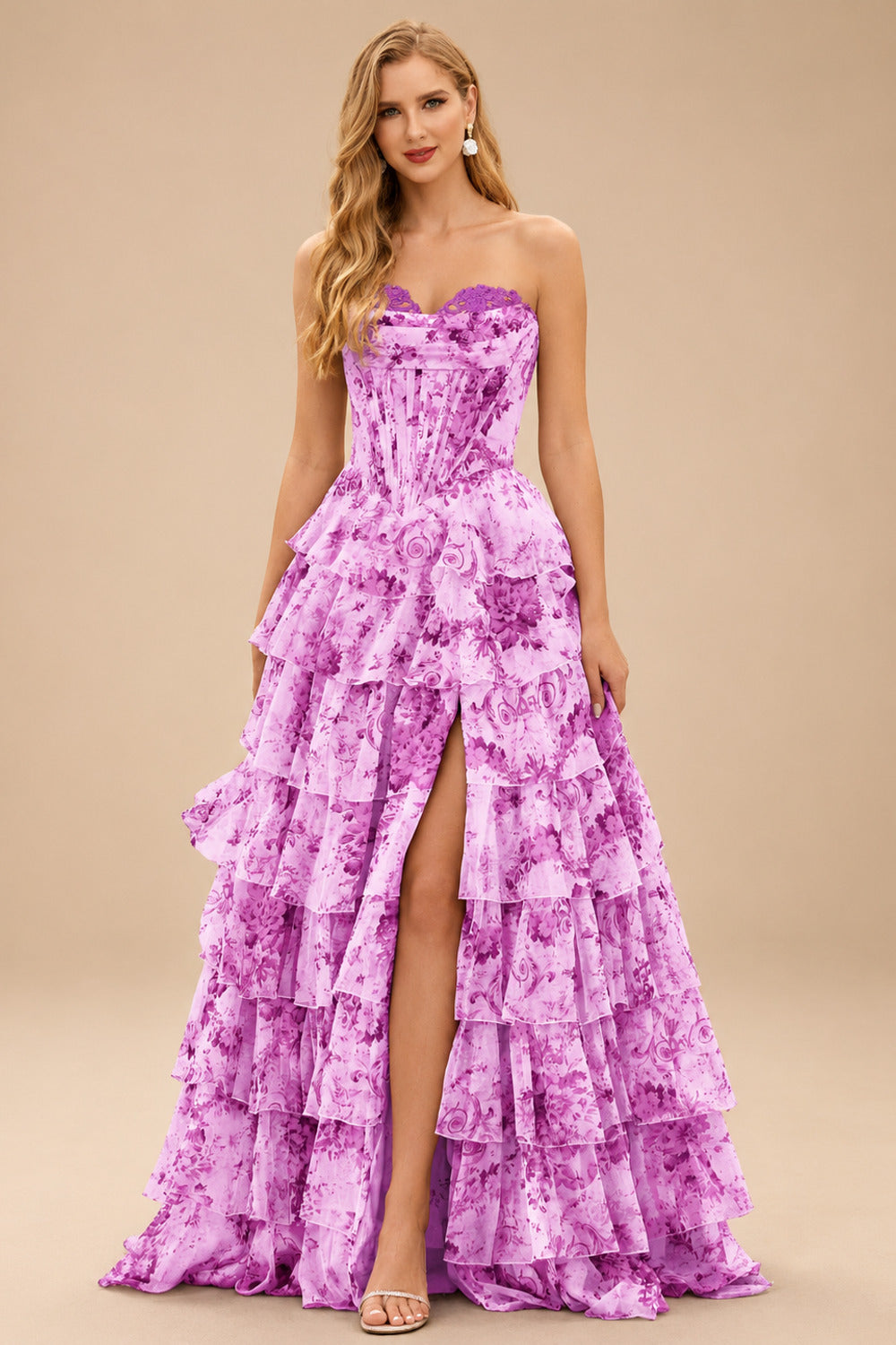Rutipo Purple Floral A-line Floral Print Strapless Corset Tiered Ruffle Chiffon Prom Gown with Slit