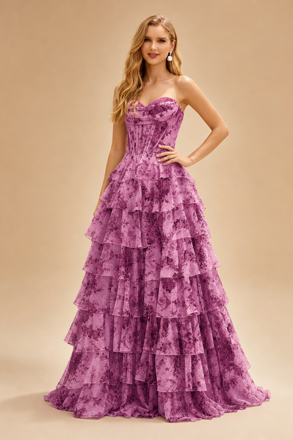 Rutipo Purple Floral A-line Floral Print Strapless Corset Tiered Ruffle Chiffon Prom Gown with Slit