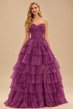 Rutipo Purple Floral A-line Floral Print Strapless Corset Tiered Ruffle Chiffon Prom Gown with Slit