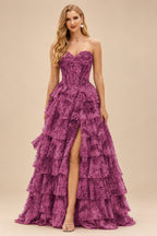 Rutipo Purple Floral A-line Floral Print Strapless Corset Tiered Ruffle Chiffon Prom Gown with Slit