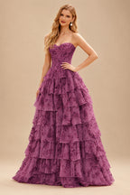 Rutipo Purple Floral A-line Floral Print Strapless Corset Tiered Ruffle Chiffon Prom Gown with Slit