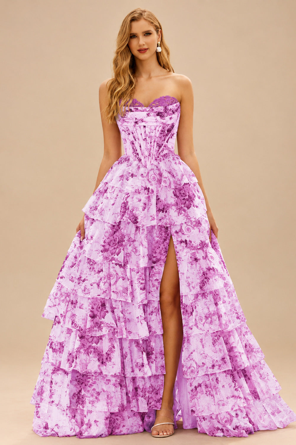 Rutipo Purple Floral A-line Floral Print Strapless Corset Tiered Ruffle Chiffon Prom Gown with Slit