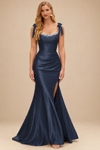 Rutipo Dark Navy Mermaid Beaded Scoop Neck Ruched Slit Prom Dress with Bow Straps