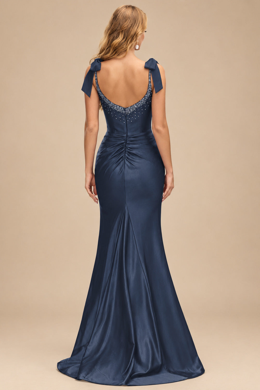 Rutipo Dark Navy Mermaid Beaded Scoop Neck Ruched Slit Prom Dress with Bow Straps