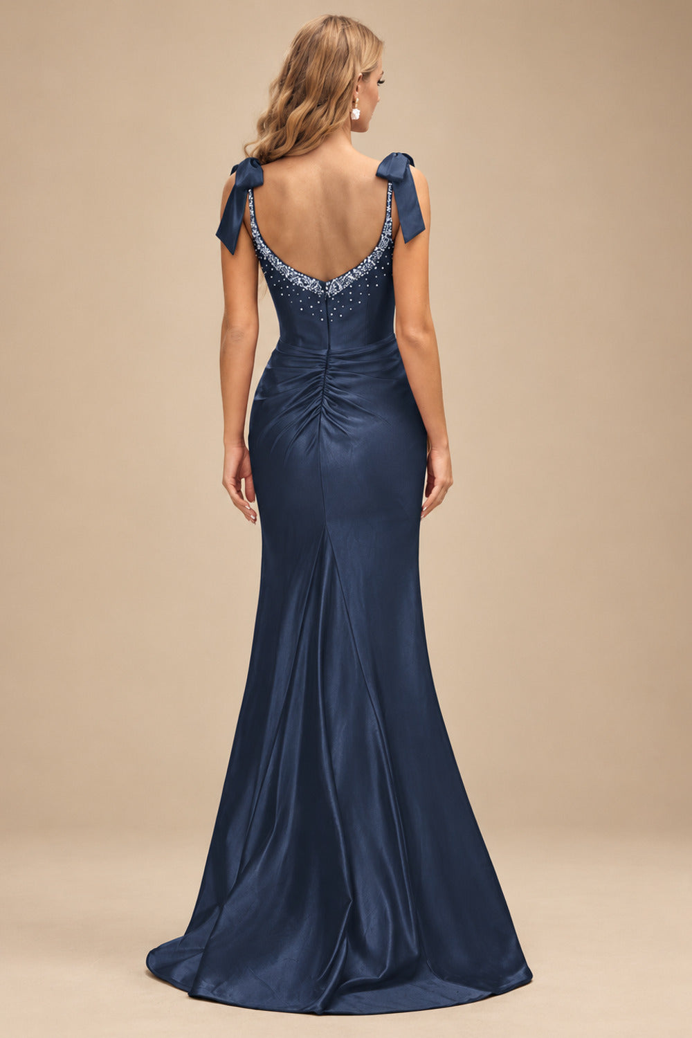 Rutipo Dark Navy Mermaid Beaded Scoop Neck Ruched Slit Prom Dress with Bow Straps