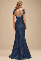 Rutipo Dark Navy Mermaid Beaded Scoop Neck Ruched Slit Prom Dress with Bow Straps