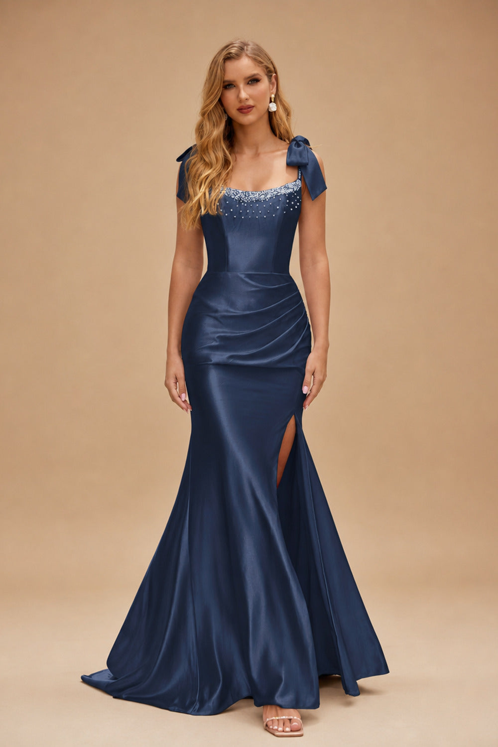 Rutipo Dark Navy Mermaid Beaded Scoop Neck Ruched Slit Prom Dress with Bow Straps