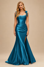 Rutipo Ink Blue Mermaid Beaded Scoop Neck Ruched Slit Prom Dress with Bow Straps