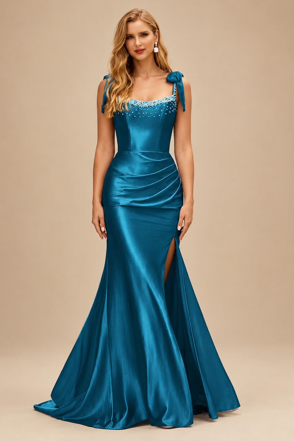 Rutipo Ink Blue Mermaid Beaded Scoop Neck Ruched Slit Prom Dress with Bow Straps