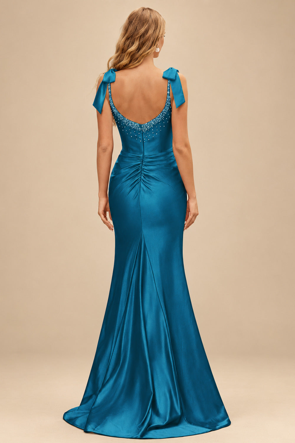 Rutipo Ink Blue Mermaid Beaded Scoop Neck Ruched Slit Prom Dress with Bow Straps