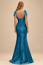 Rutipo Ink Blue Mermaid Beaded Scoop Neck Ruched Slit Prom Dress with Bow Straps
