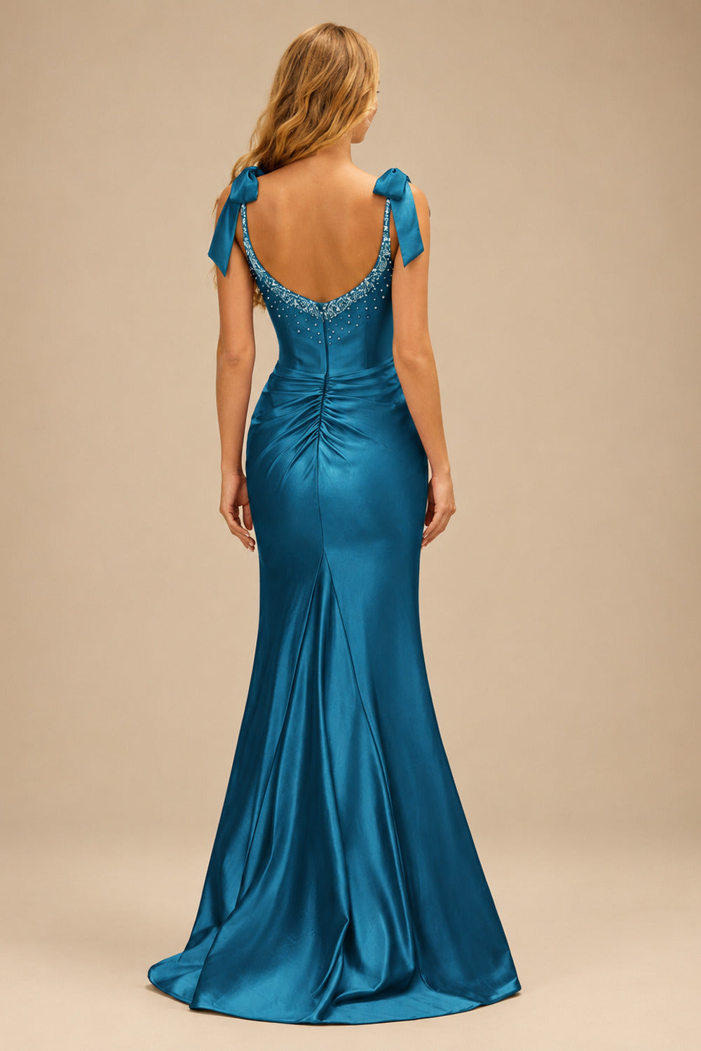 Rutipo Ink Blue Mermaid Beaded Scoop Neck Ruched Slit Prom Dress with Bow Straps
