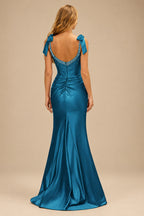 Rutipo Ink Blue Mermaid Beaded Scoop Neck Ruched Slit Prom Dress with Bow Straps