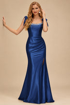 Rutipo Navy Blue Mermaid Beaded Scoop Neck Ruched Slit Prom Dress with Bow Straps