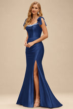 Rutipo Navy Blue Mermaid Beaded Scoop Neck Ruched Slit Prom Dress with Bow Straps