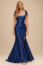 Rutipo Navy Blue Mermaid Beaded Scoop Neck Ruched Slit Prom Dress with Bow Straps